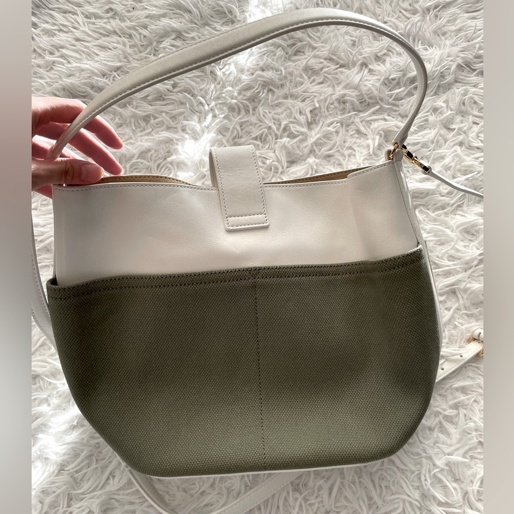 NEW Veronica Beard Small Suede Crest Lock Bucket Bag green white - Picture 3 of 7